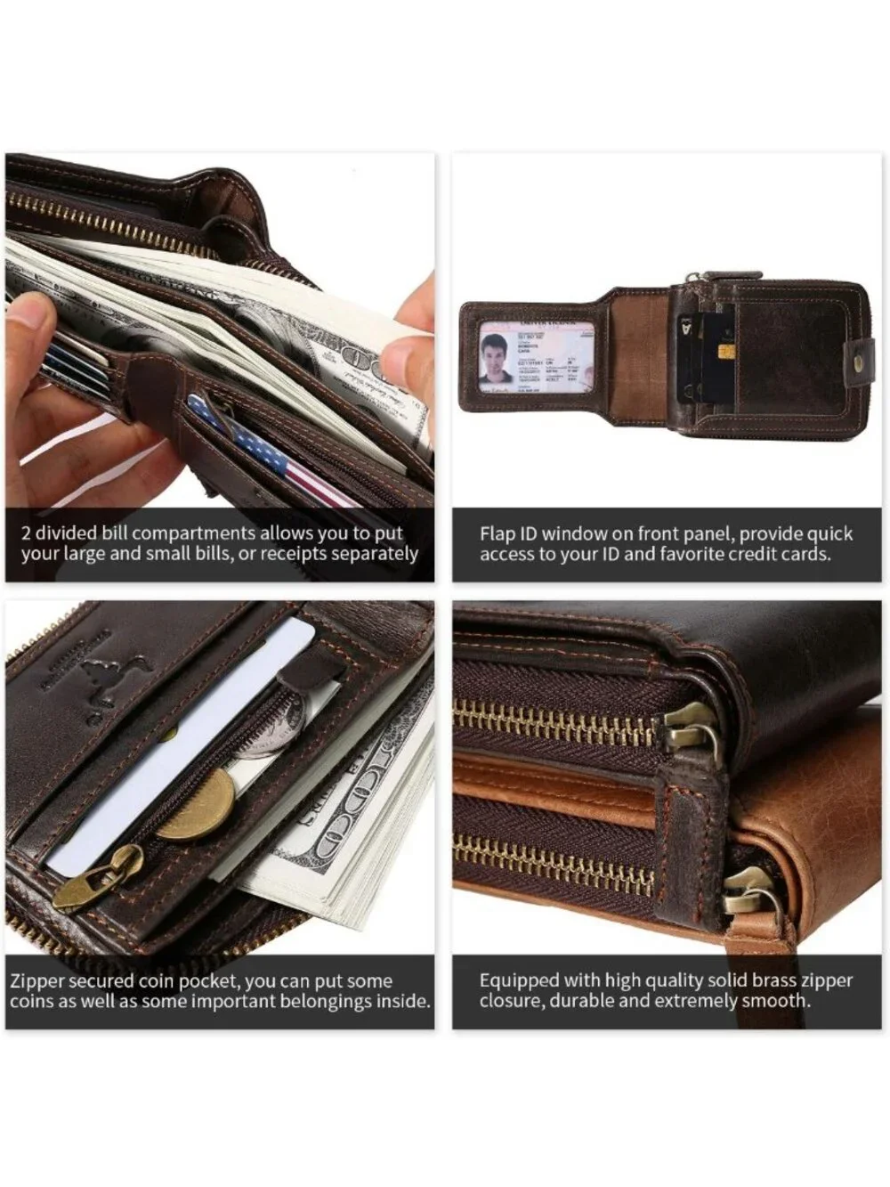RFID Blocking Leather Bifold Wallet for Men - Zipper, ID Window, Coin Pocket